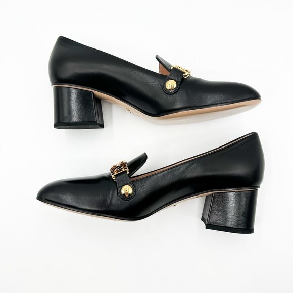 Gucci Heels Sylvie Pumps Black Loafers 55 Block Web Heel Chain 39.5, US 9.5 - Picture 6 of 14